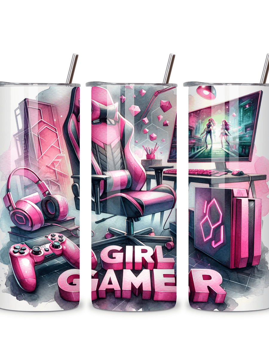 Girl Gamer 20oz Skinny Tumbler with Metal Straw – Pink Gaming Setup Design with Controller and Headset – Double-Walled Insulated Stainless Steel Tumbler for Hot & Cold Drinks product image (4)