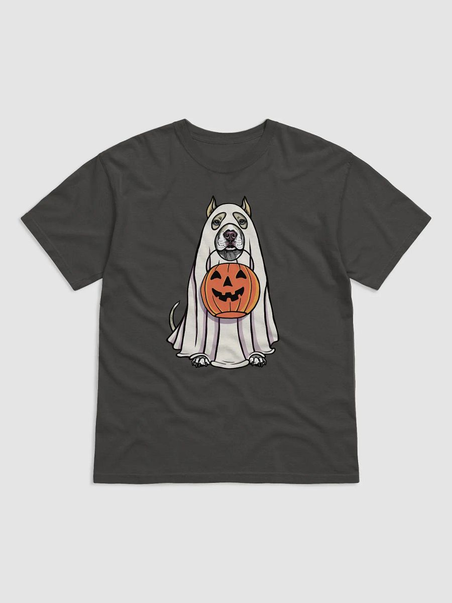 Funny Halloween Pitbull Terrier(Cropped Ears, Fawn) T-Shirt | Funny Pittie Wearing a Ghost Costume and Holding a Pumpkin Basket product image (17)