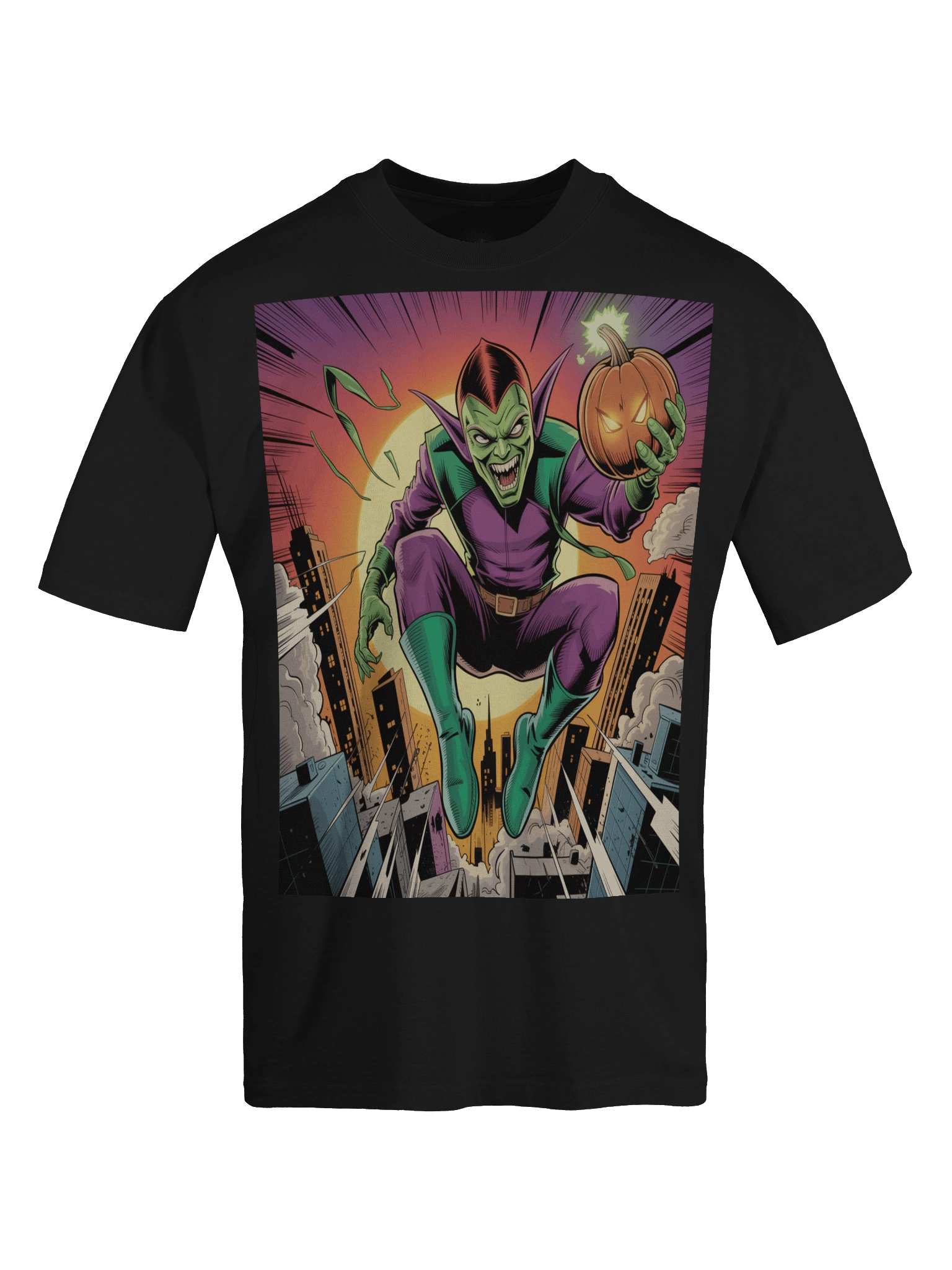 Green Goblin Sunset Siege Oversized Faded T-Shirt – Pumpkin Bomb Twilight Terror product image (1)
