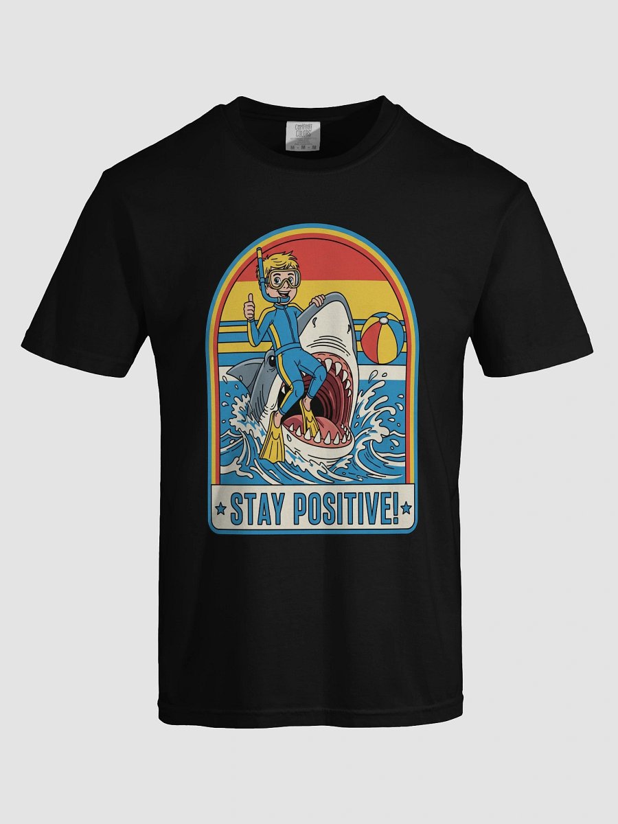 Retro "Stay Positive!" Shark Riding T-Shirt - Funny Vintage Ocean Graphic Tee product image (65)
