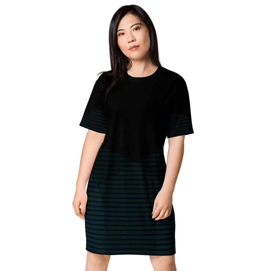 "Oversized Black T-Shirt Dress with Teal Striped Skirt - Sizes 2XS-6XL product image (1)