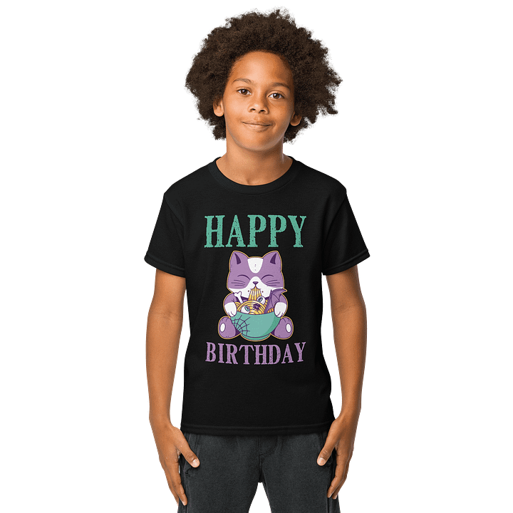 Happy Birthday (Spooky Cat Eating Noodles) T-Shirt For Kids product image (1)