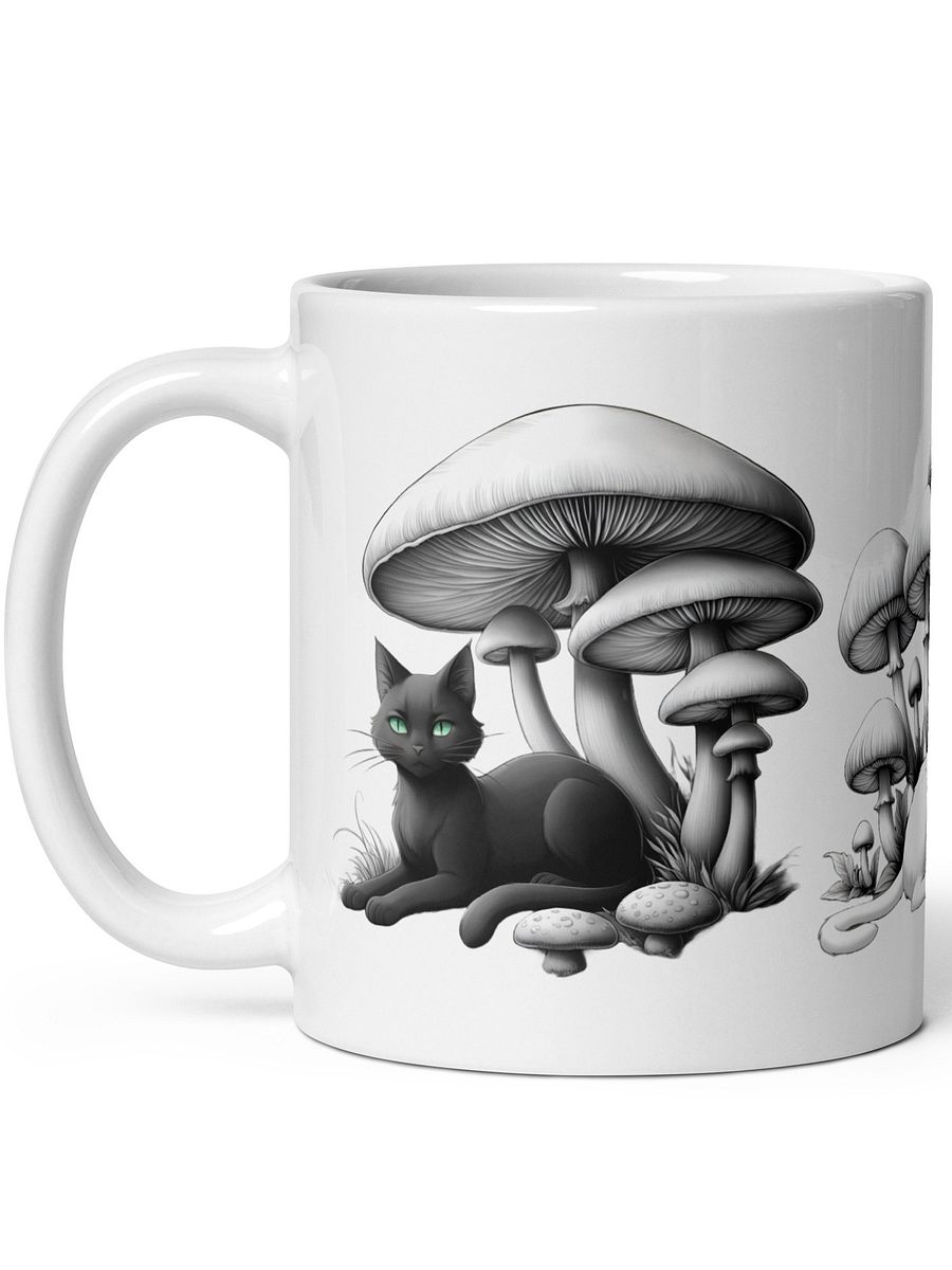 Personalized Black Cat and White Cat Resting Under Giant Mushrooms White Glossy Mug product image (2)