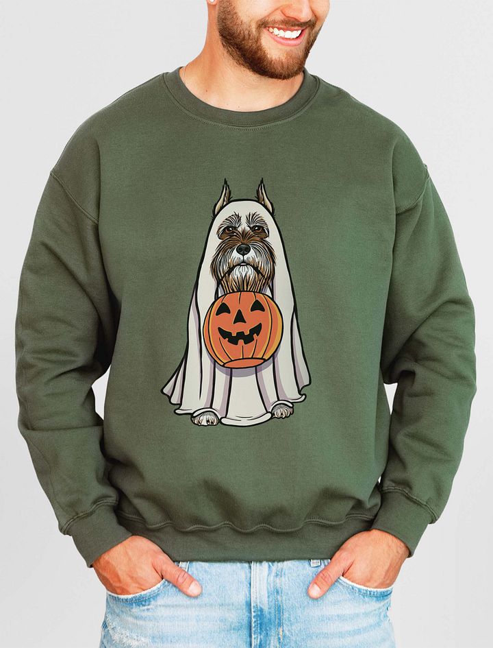 Funny Halloween Schnauzer(Cropped Ears Liver) Sweatshirt | Funny Schnauzer Wearing a Ghost Costume and Holding a Pumpkin Basket product image (15)