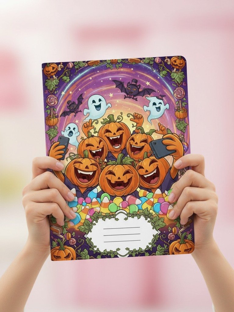 Spooky Selfie Squad Halloween Digital Notebook Cover | Printable Planner & Journal Cover | Fun Pumpkin Ghost Bat Design | Instant Download product image (2)