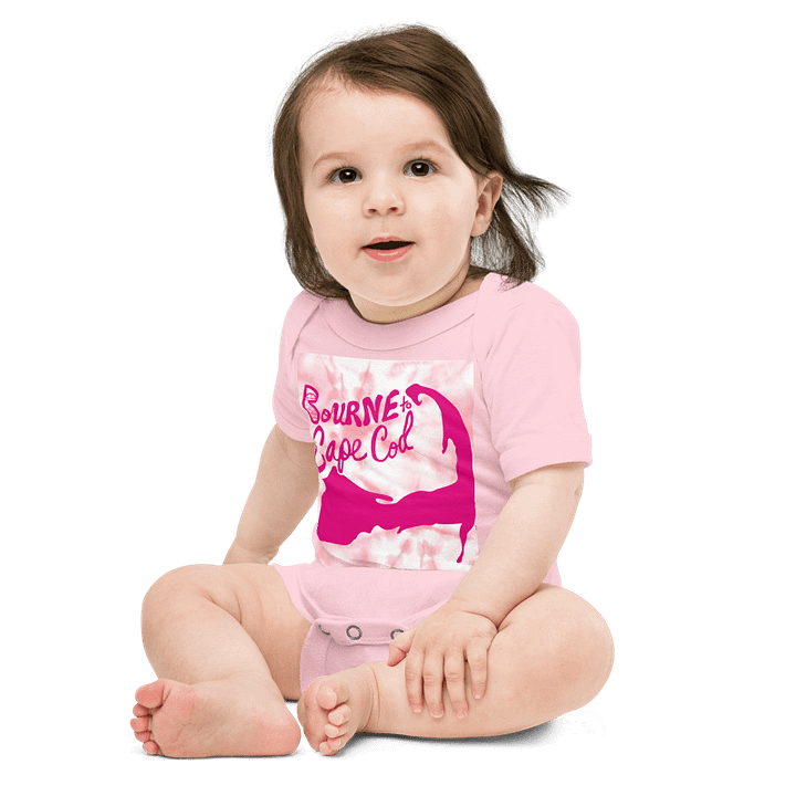 BOURNE to Cape Cod™ | Baby One-Piece with Snaps | BRN.2C.C.™ Logo Back | Ultra-Soft Cotton Bodysuit for Coastal Cuties | Vibrant Pink Logos on a Pink Tie-Dye Graphic product image (3)