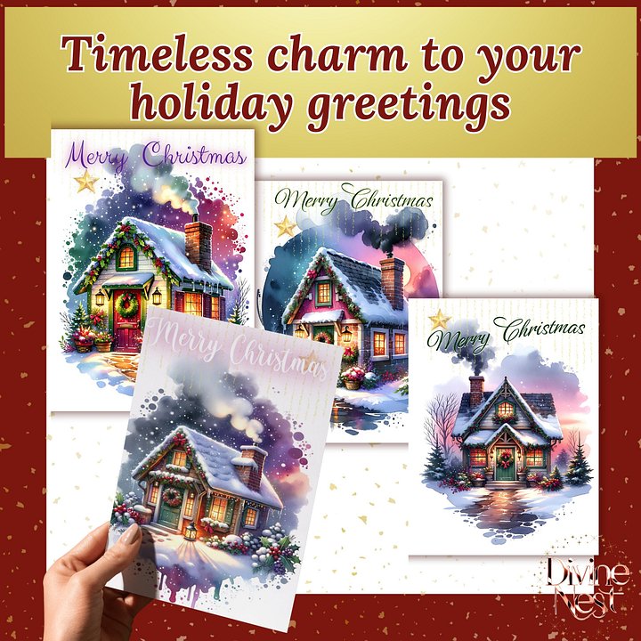 Cozy Cottage Christmas Card Set | Watercolor Winter House Holiday Cards | Printable JPG & PDF Bundle | Ready to Print Digital Greeting product image (2)