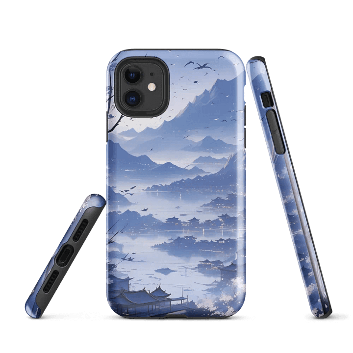 Tough Phone Case for iPhone® - Japanese Village in Shades of Blue product image (1)