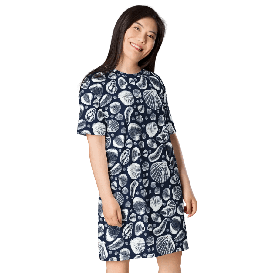 Women's | New England Tidal Treasures | T-Shirt Dress | Seashell Print, Oversized & Comfy | White on Dark Blue product image (4)