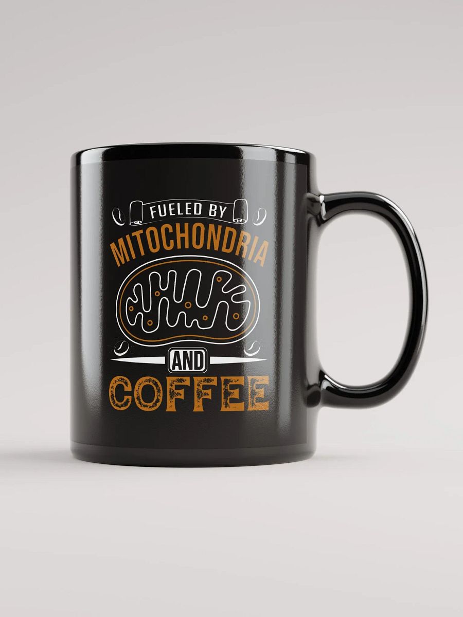 "fueled by mitochondria and coffee" black glossy mug product image (1)