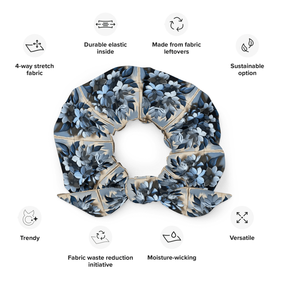 Hair Scrunchie - Painted Floral and Tile Pattern in Shades of Blue product image (12)