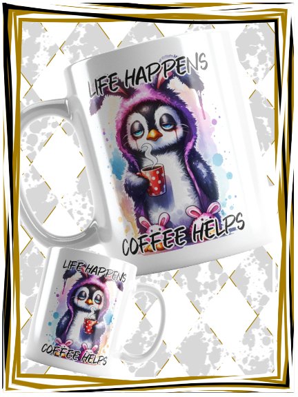 Funny Penguin Coffee Mug – Cute Pajama Penguin Tea Cup – “Life Happens Coffee Helps” – Gift for Coffee Lovers, Penguin Gifts, Cute Animal Mug product image (4)