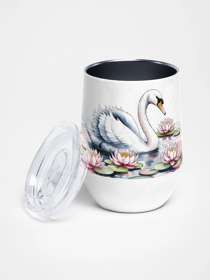 Graceful Swan in Water Lilies 12 Oz Wine Tumbler – Elegant Swan & Water Lily Watercolor Design product image (1)
