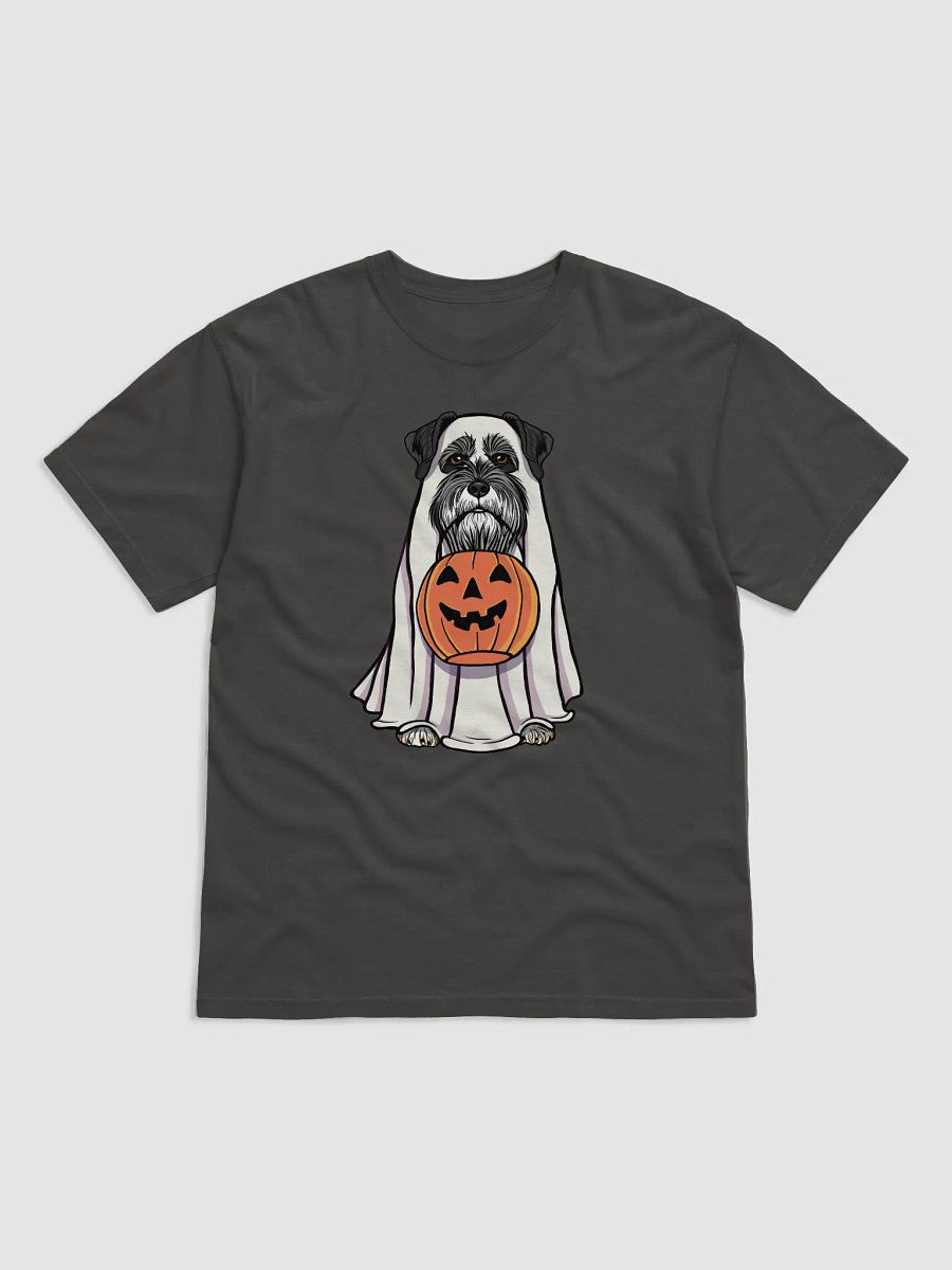 Funny Halloween Schnauzer(Black) T-Shirt | Funny Schnauzer Wearing a Ghost Costume and Holding a Pumpkin Basket product image (13)