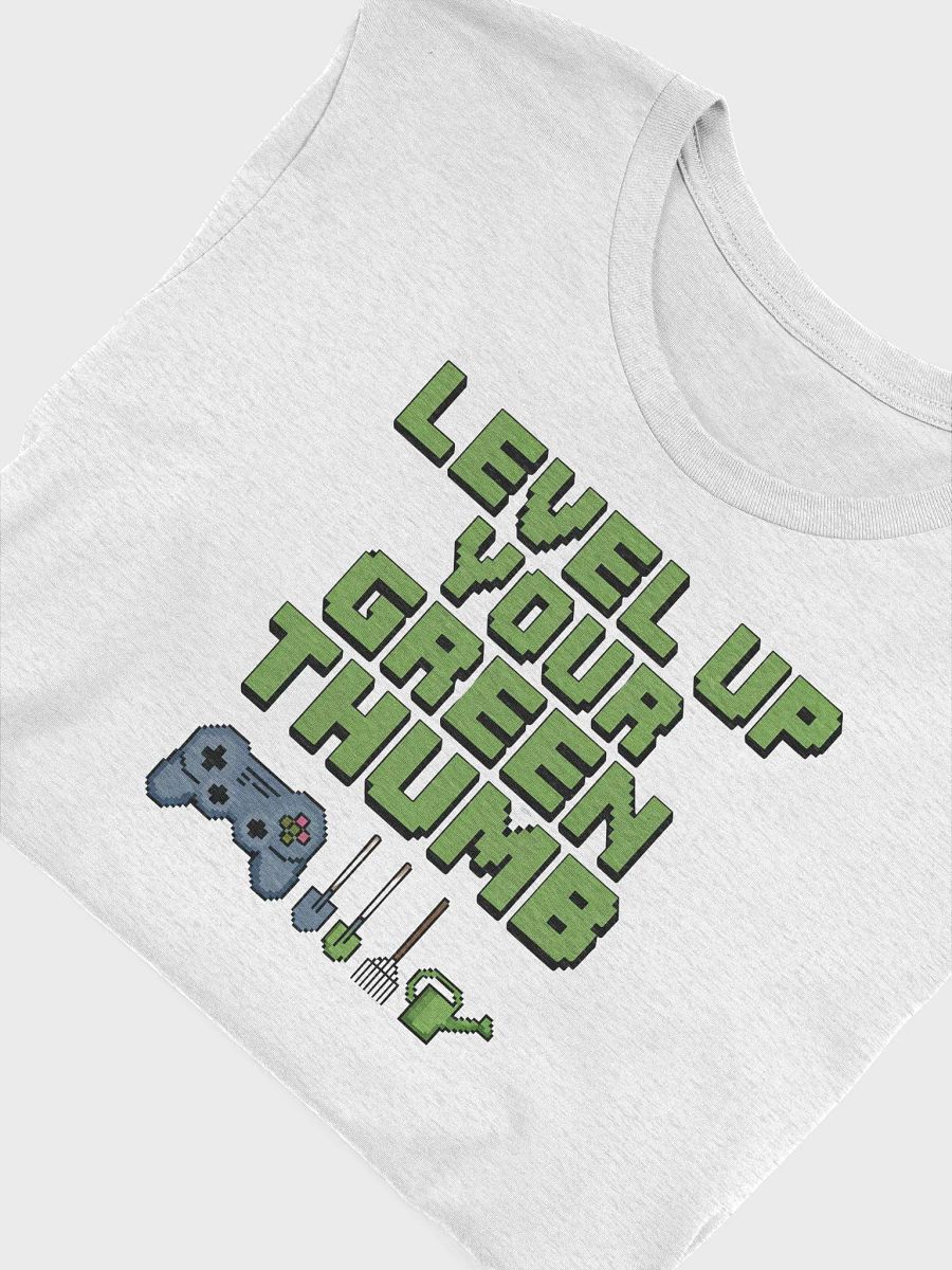 “LEVEL UP YOUR GREEN THUMB” t-shirt, gaming and gardening icons, planting skills tee, virtual gardening pride, classic gaming symbols, green thumb, garden lover, gamer lover, unique gift product image (5)