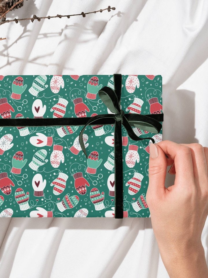 Festive Winter Christmas Mittens Pattern Wrapping Paper, 3 Pack (Red & Green) product image (1)