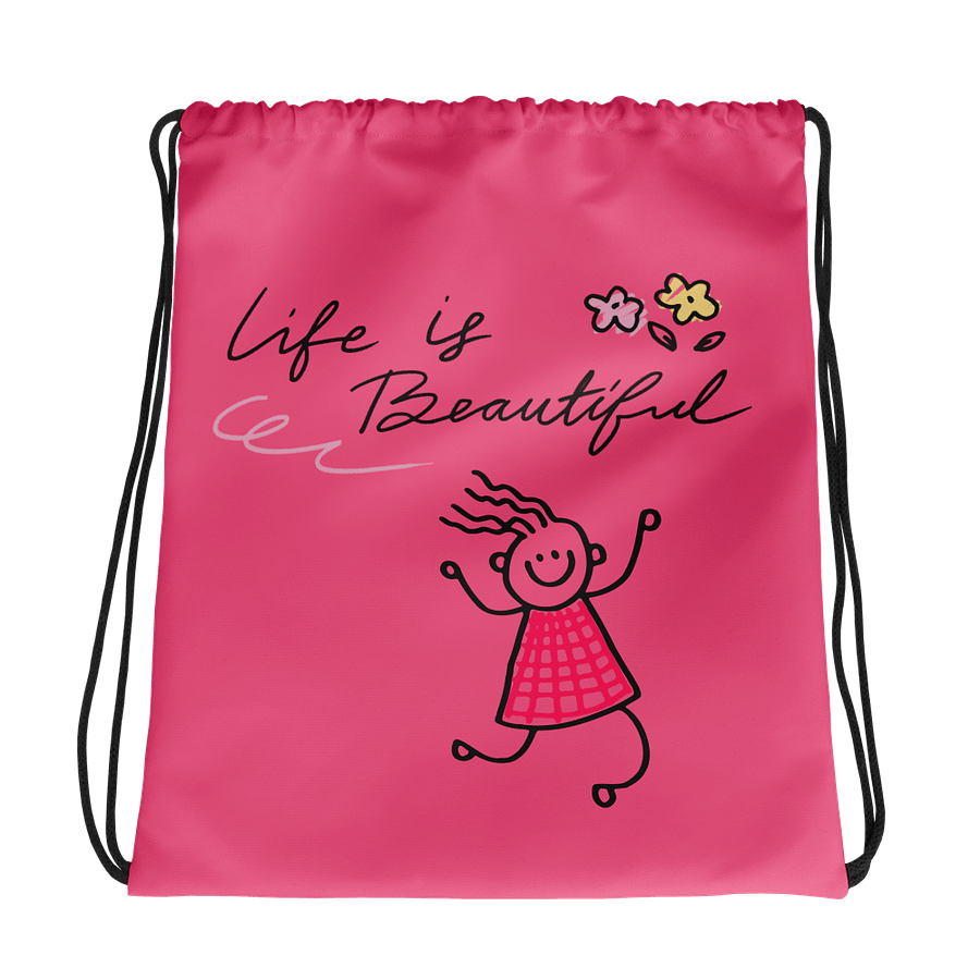 "Life is Beautiful" Doodle Girl Drawstring Bag | Fuchsia product image (1)
