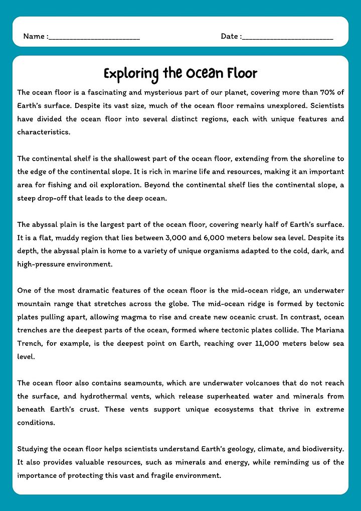 The Ocean Floor Reading Comprehension with Questions product image (1)