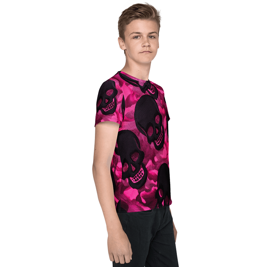 Youth Crew Neck T-Shirt pink and black skull product image (4)