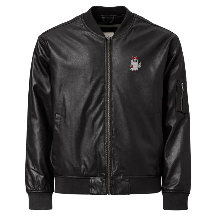 Stylish Ghost Embroidered Faux Leather Bomber Jacket product image (1)