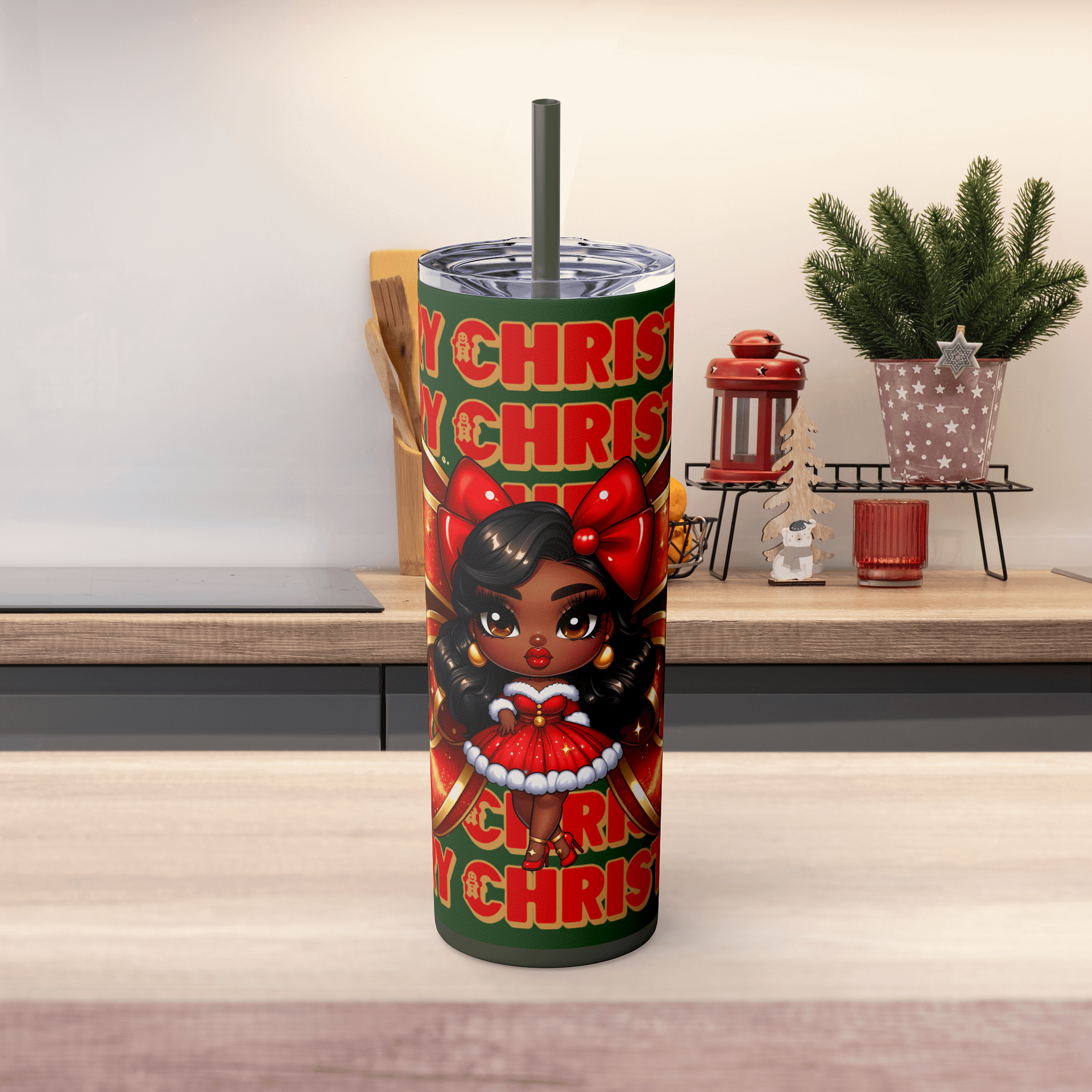 Merry Christmas Brown Holiday Doll Tumbler Wrap Design, Festive 20oz Sublimation PNG, Holiday Digital Download, Red Bow Christmas Tumbler product image (6)