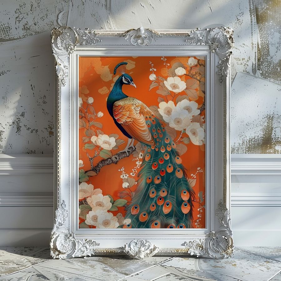 Art Nouveau Peacock on Orange Floral Art Print product image (22)