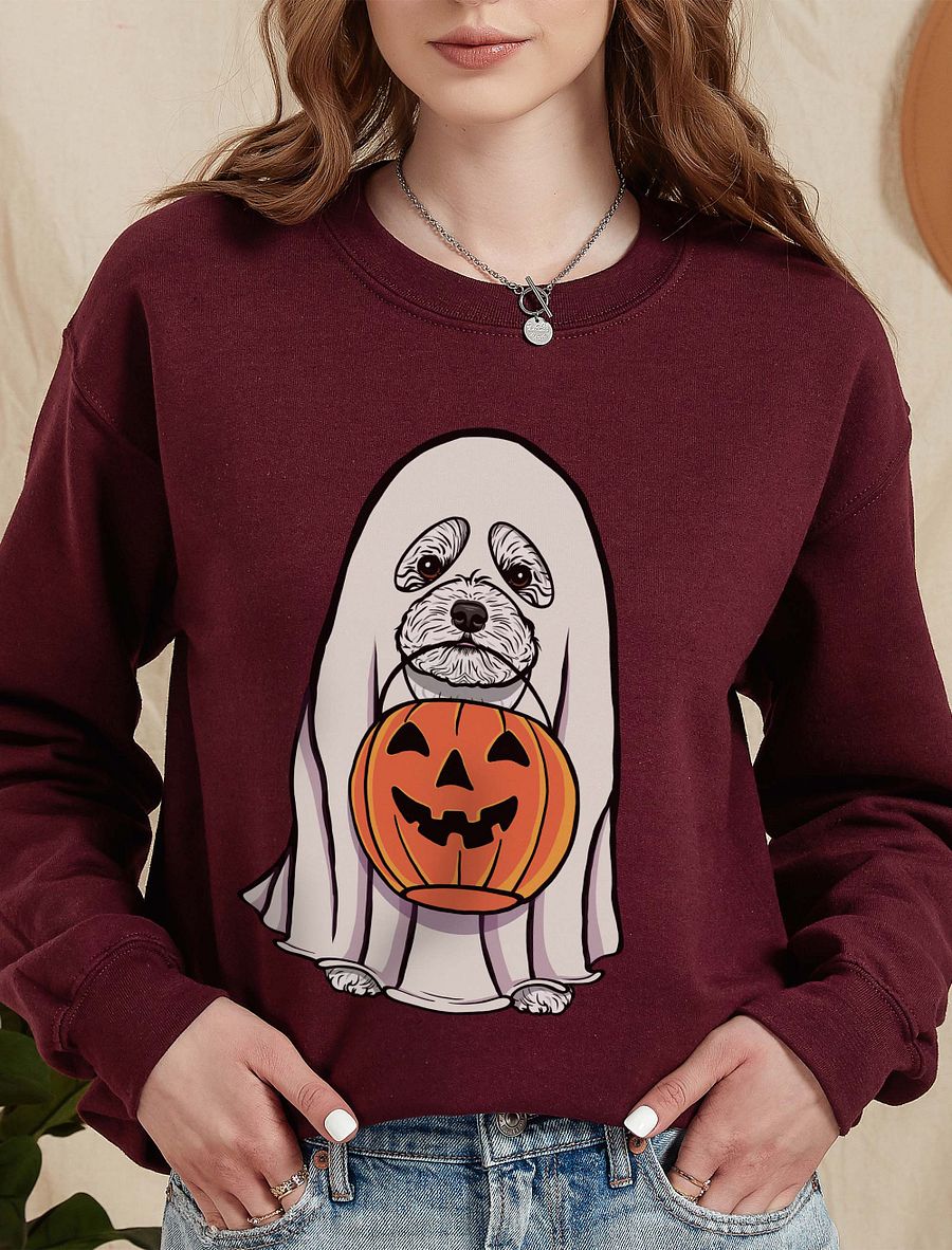 Funny Halloween Bichon Frise Sweatshirt | Funny Bichon Frise Wearing a Ghost Costume and Holding a Pumpkin Basket product image (10)