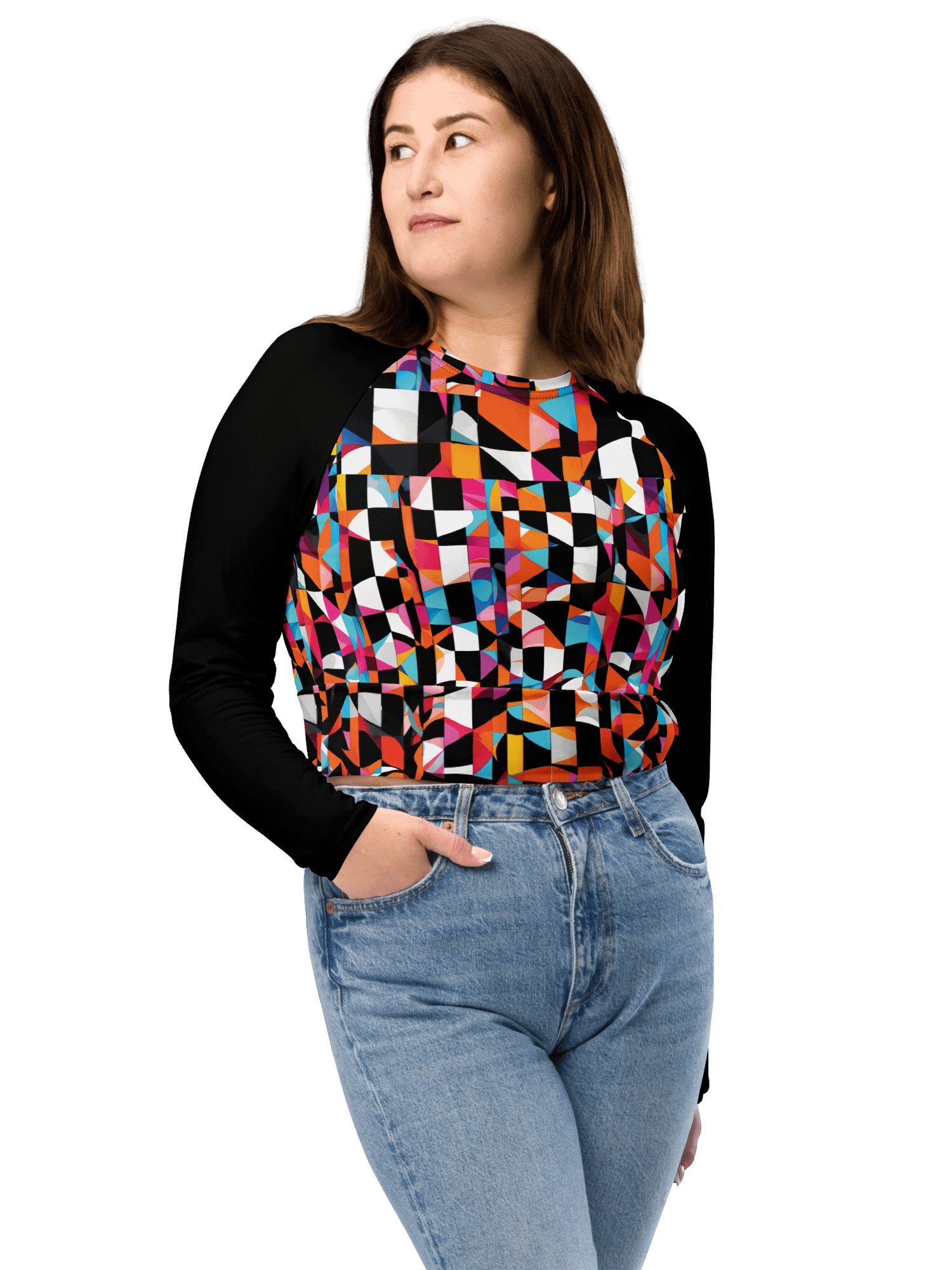 Recycled Long Sleeve Crop Top "Colorful Modern Abstract Checkered Art Printed" product image (6)