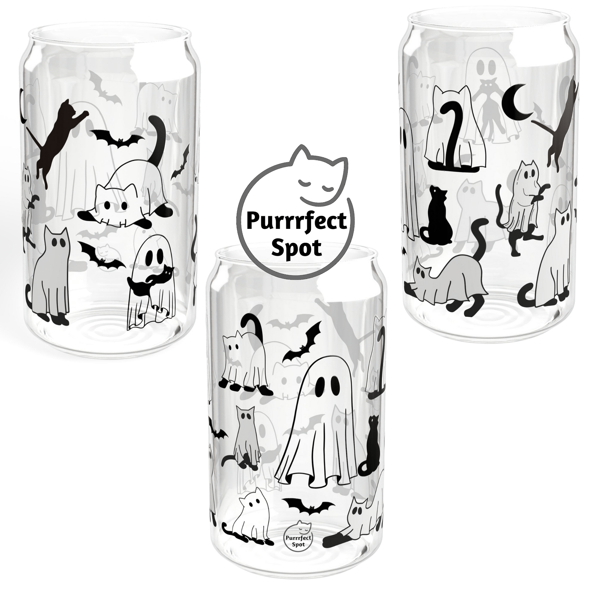 Ghost Cats 16oz Glass Can Cup – Spooky Cute Cat Cup 🐾👻🦇 product image (4)