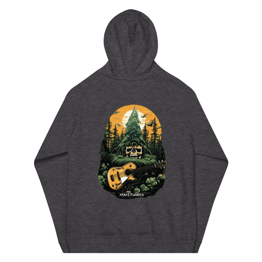 Unisex Eco Raglan Hoodie 🌲 Skeleton head with a guitar in a spruce forest product image (3)