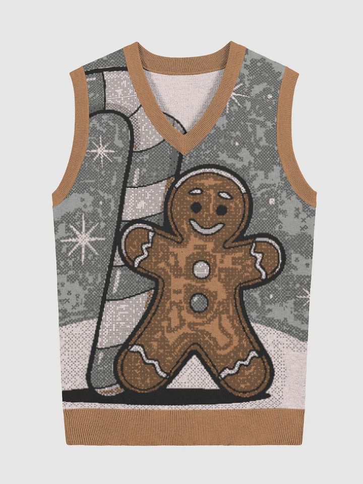 Festive Candy Cane and Gingerbread Man Knitted V-Neck Vest product image (4)