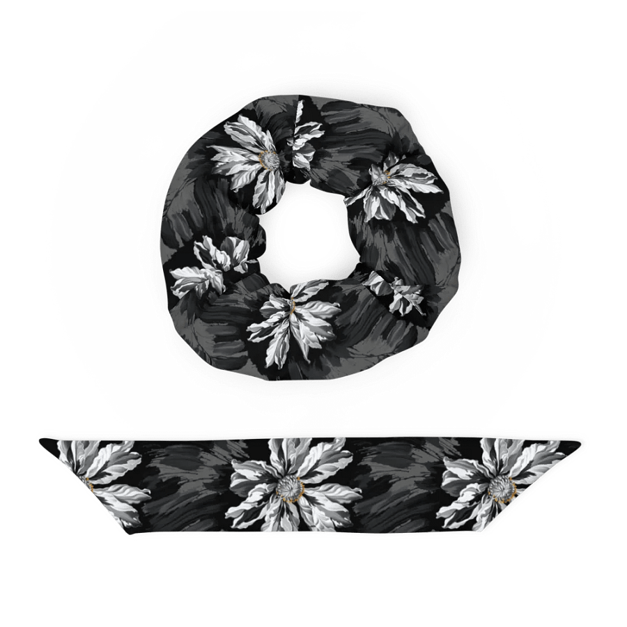 Hair Scrunchie - Painted Gray Flowers on a Black Background product image (4)
