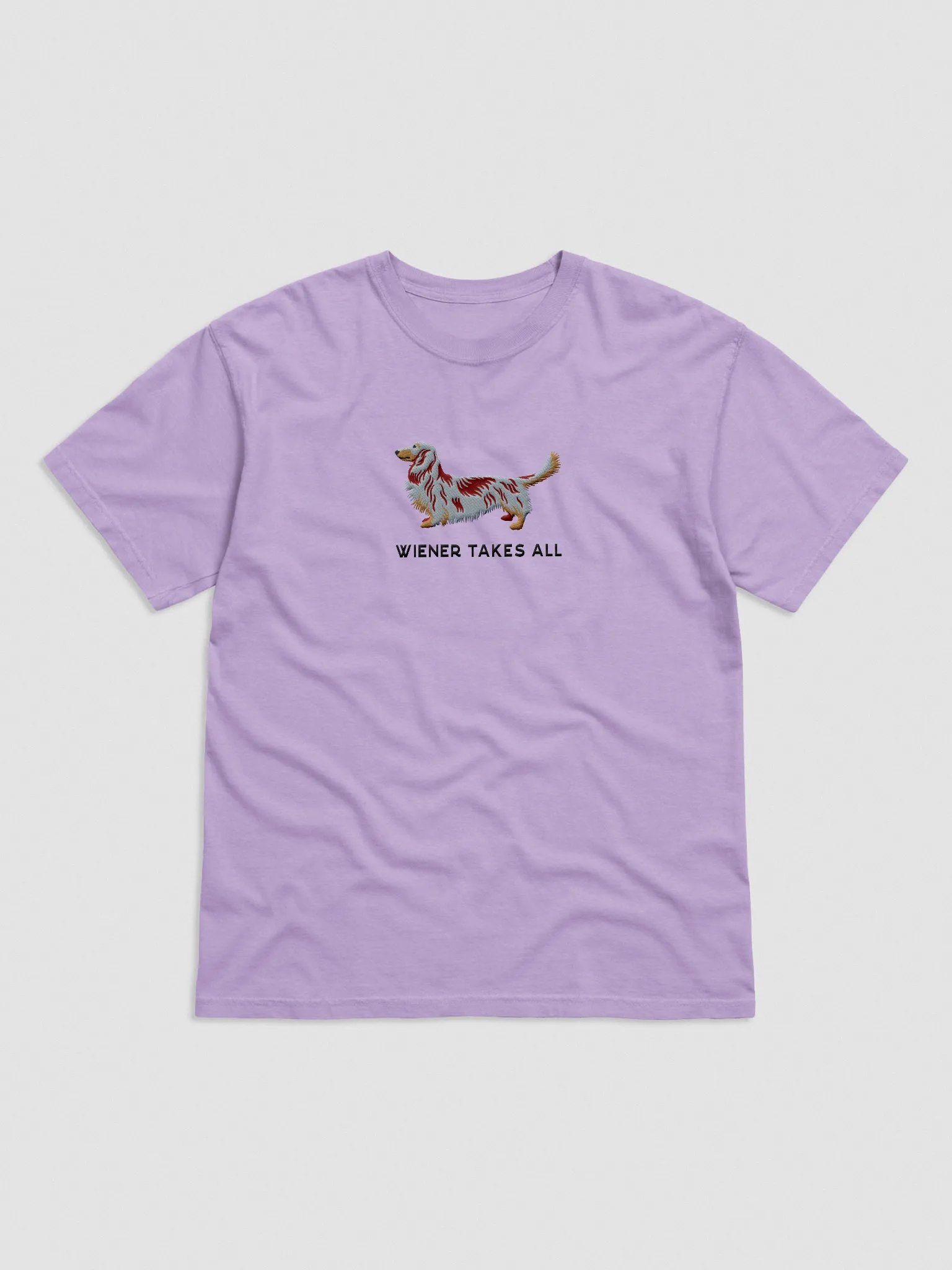 Wiener Takes All T-Shirt(Embroidered) of a Longhaired Dachshund(Red Dapple) product image (4)