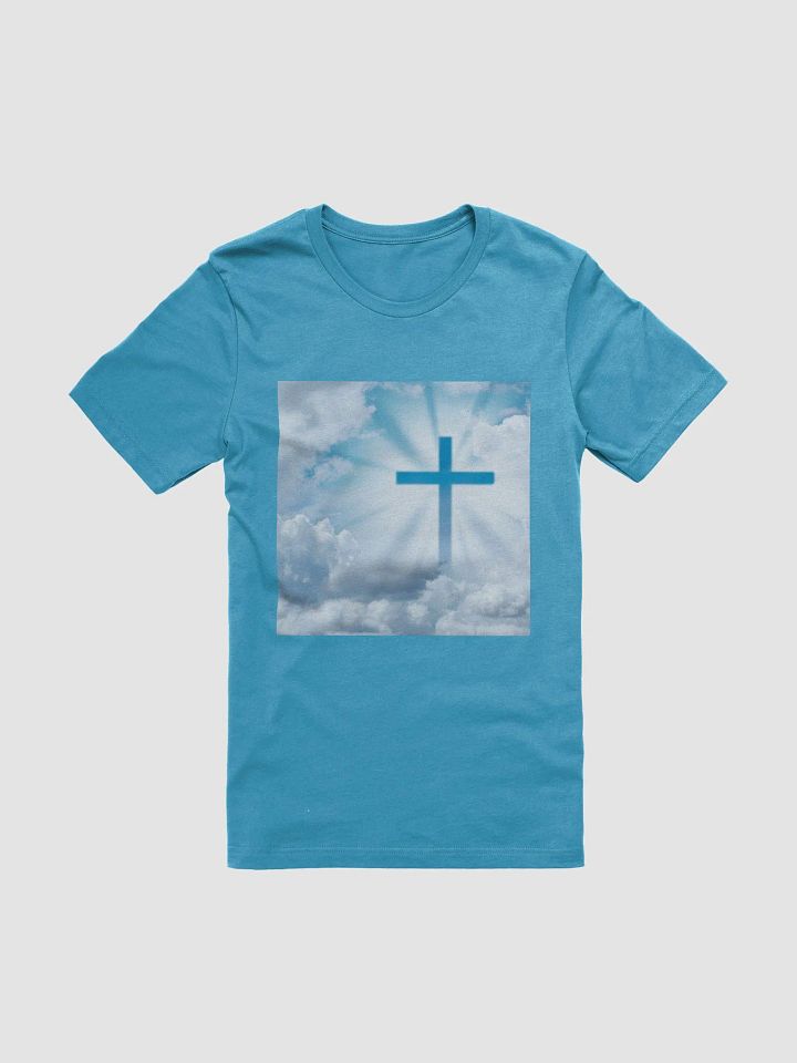 A cross surrounded by a heavenly scene, with rays of light shining through soft clouds in a bright blue sky t-shirt product image (1)