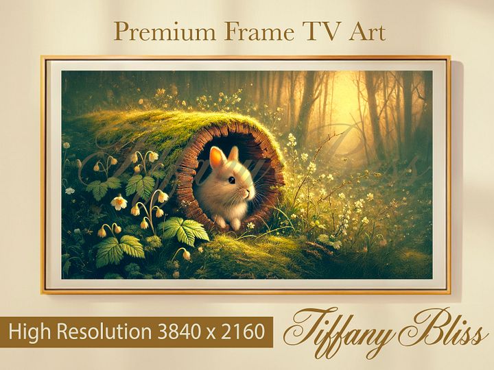 Spring TV Art, Bunny in a Log Forest Painting, nature, green, flowers, Screensaver, Wallpaper, Digital Download product image (1)
