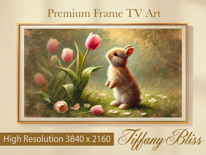 Spring Samsung Frame TV Art, Easter Bunny Tulips Painting, Art for TV, Digital Download product image (1)