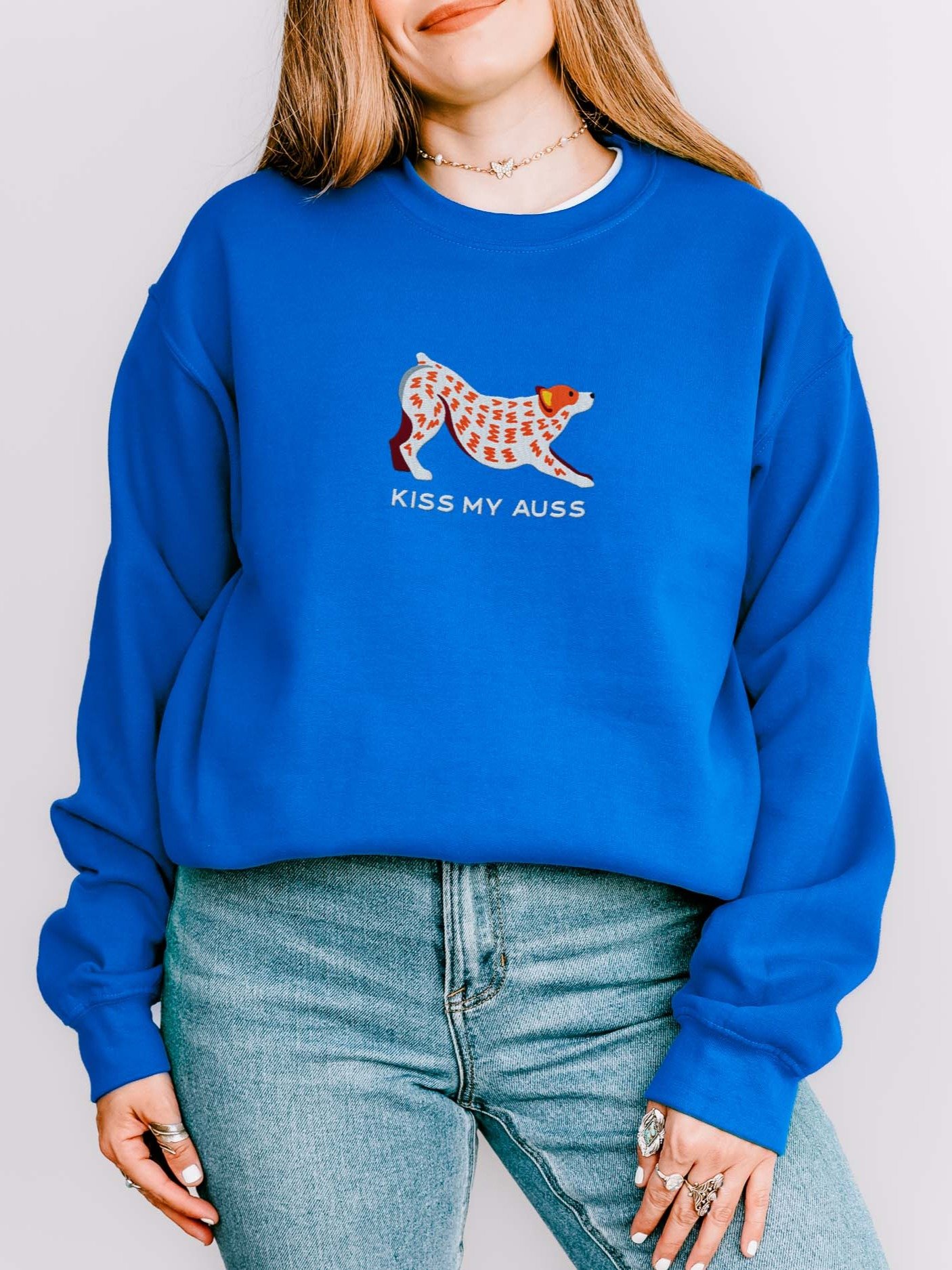 Kiss My Auss Sweatshirt (Embroidered) of an Australian Cattle Dog(Red Heeler, Docked Tail) product image (2)