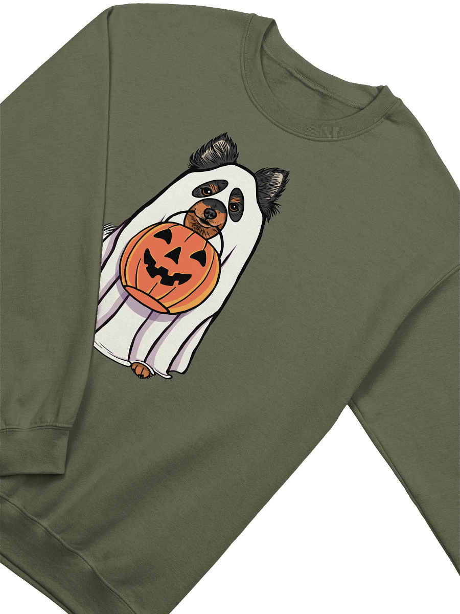 Funny Halloween Pomeranian(Tricolor) Sweatshirt | Funny Pomeranian Wearing a Ghost Costume and Holding a Pumpkin Basket product image (14)