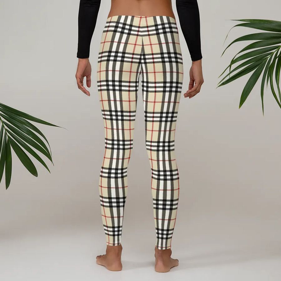 Classic Beige Plaid Leggings: Timeless Tartan Print Women's Fashion Pants product image (4)