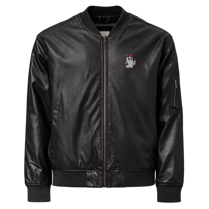 Stylish Ghost Embroidered Faux Leather Bomber Jacket product image (1)