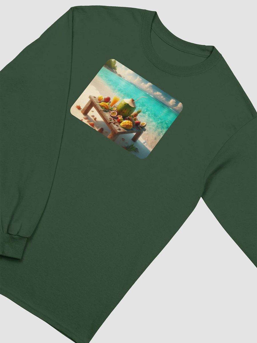 Tropical Fruit Paradise Long Sleeve Tee | AI Design – Sea Water on White Sand product image (3)