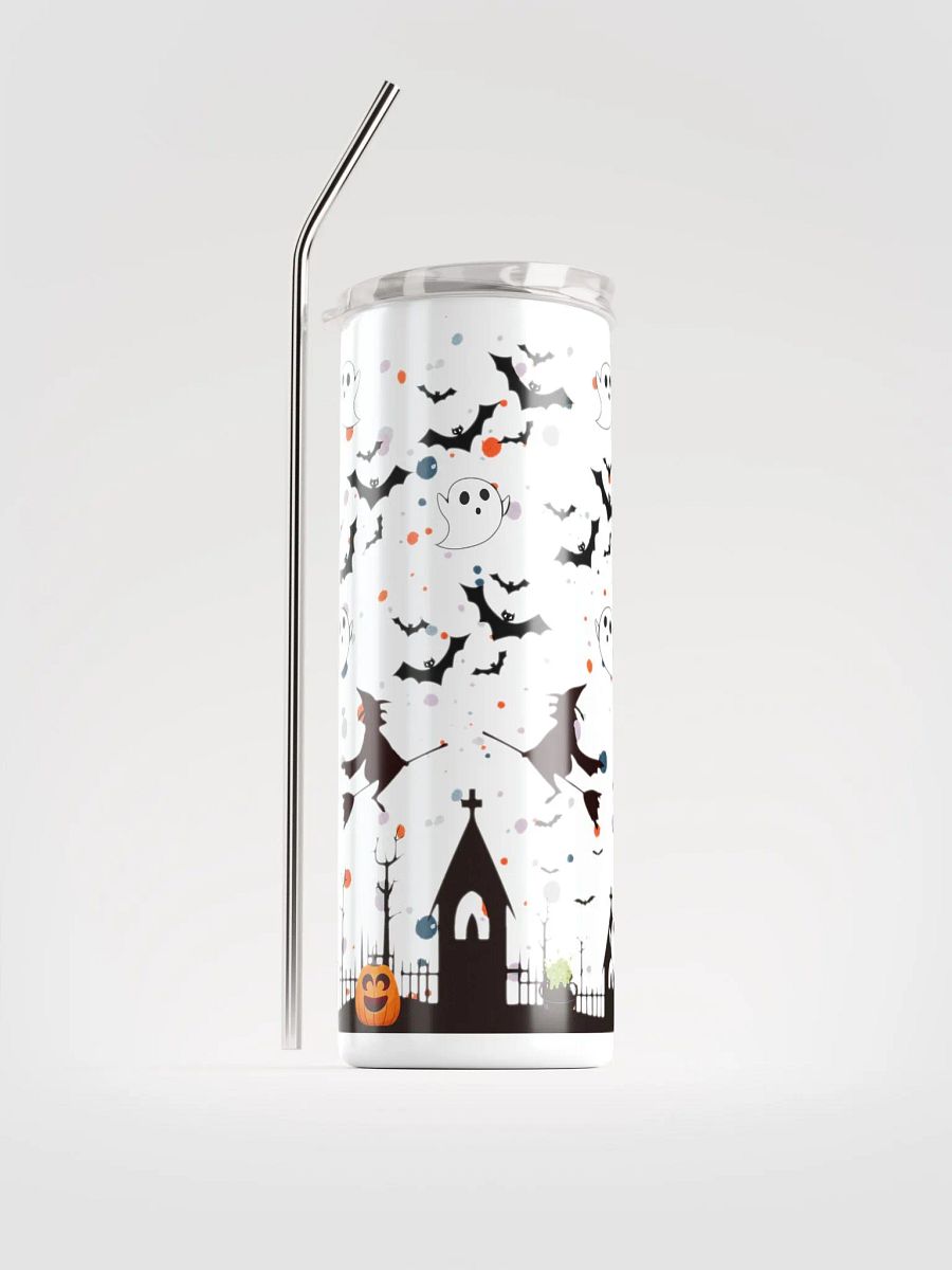 20 oz Stainless Steel Tumbler with Spooky Halloween Design – Ghosts, Witches, Bats & Haunted Houses, Reusable Straw & Lid product image (1)