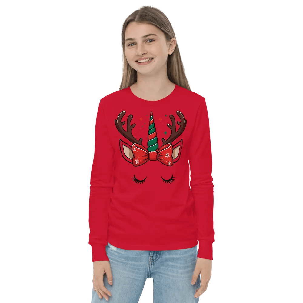 Whimsical Reindeer Unicorn Youth Long Sleeve Tee Red product image (2)