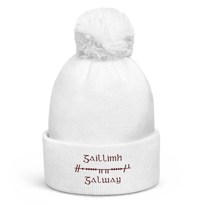 Galway/Gaillimh Scholastic style Ogham, white with maroon, embroidered Pom-Pom Beanie product image (1)
