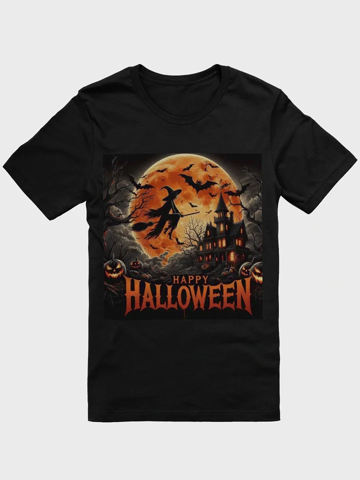 Flying Witch with Haunted House and Full Moon Halloween Scene T-Shirt product image (2)