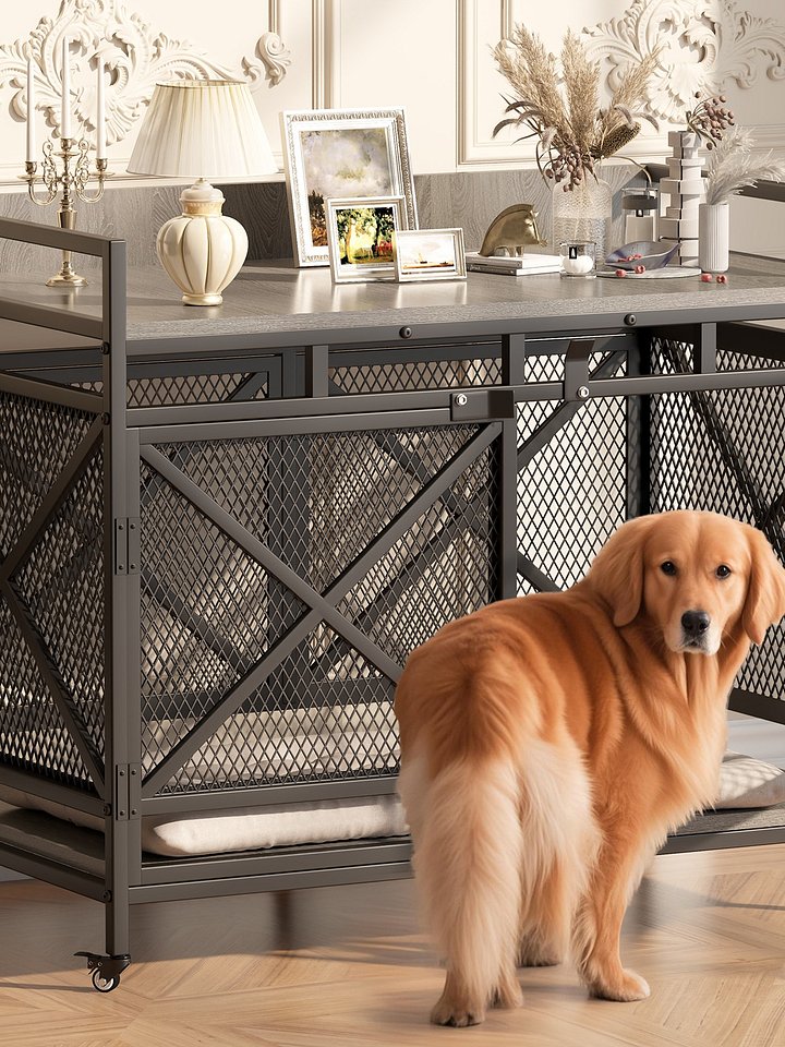 48 inch Dog Crate Furniture for Large Breeds (Up to 90 lb), Wooden & Steel, 360° Casters, Waterproof Top, Steel Lock,Textured Gray product image (1)