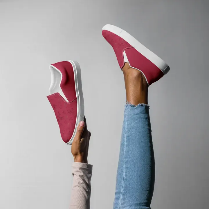 Gold Leaves and Chocolate Flowers on Magenta Women's Slip-On Canvas Shoes product image (2)