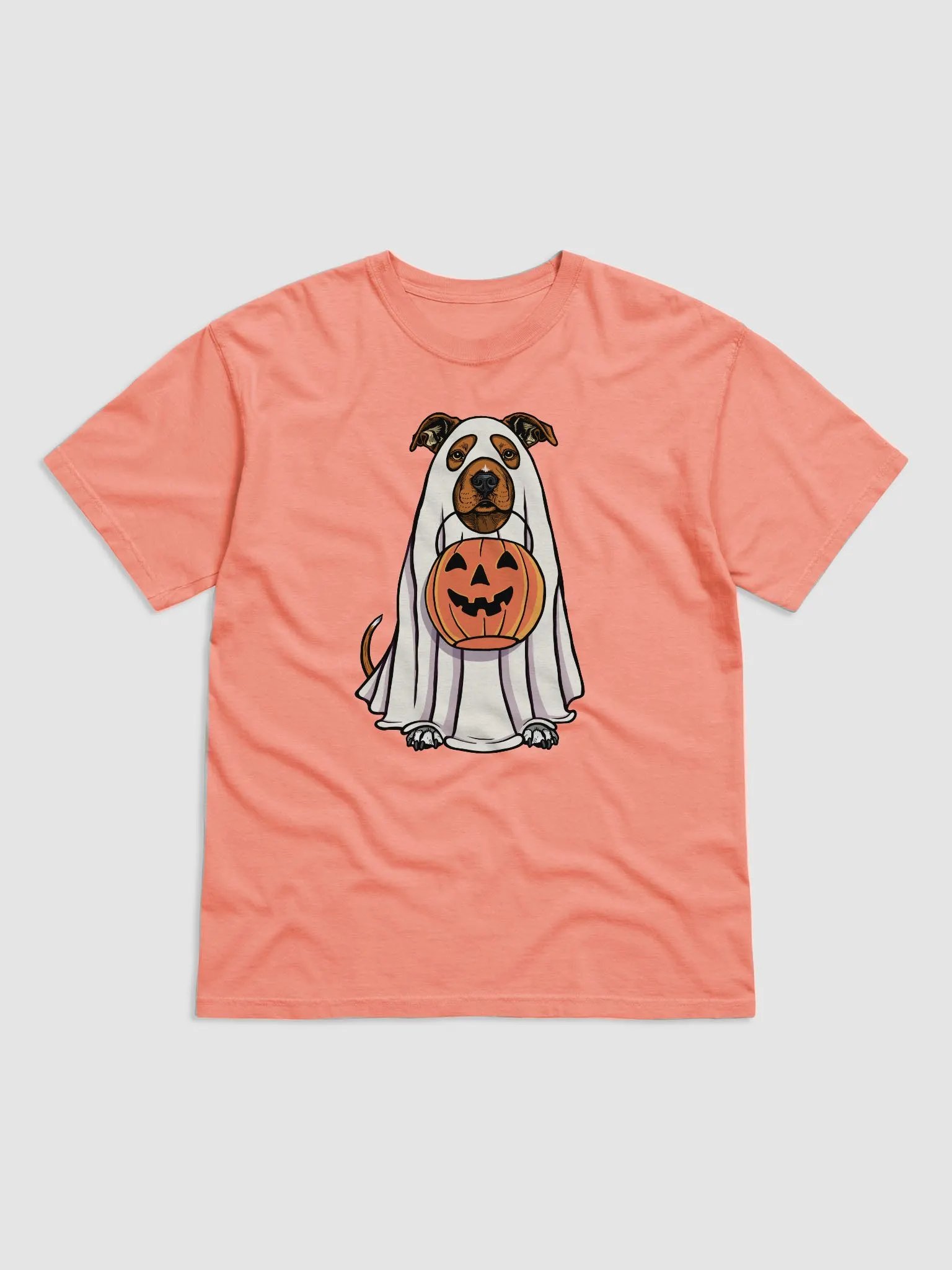 Funny Halloween Pitbull Terrier(Red) T-Shirt | Funny Pittie Wearing a Ghost Costume and Holding a Pumpkin Basket product image (22)