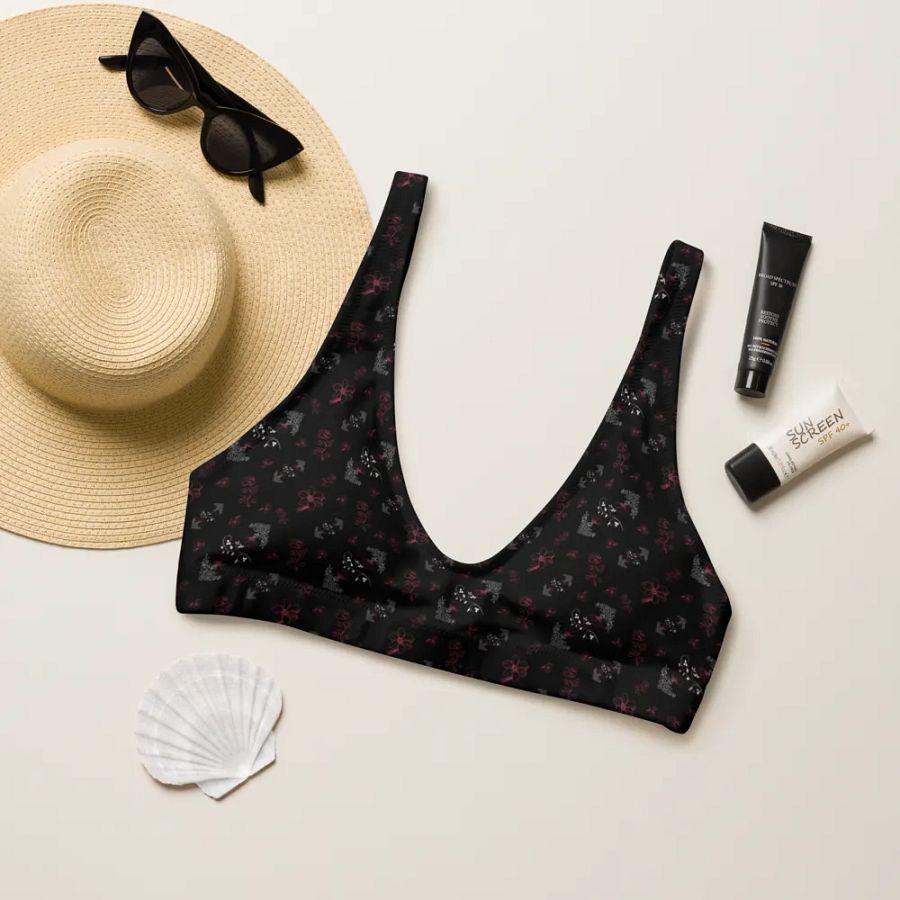 Magenta and White Flowers on Black Eco-Green Padded Bikini Top product image (5)