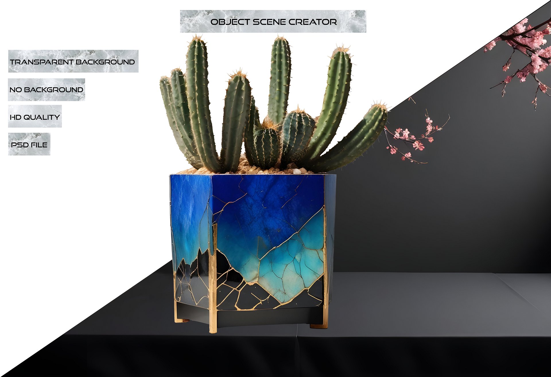 Kintsugi Elegance – Blue Gradient Planter with Gold Repair PNG product image (2)